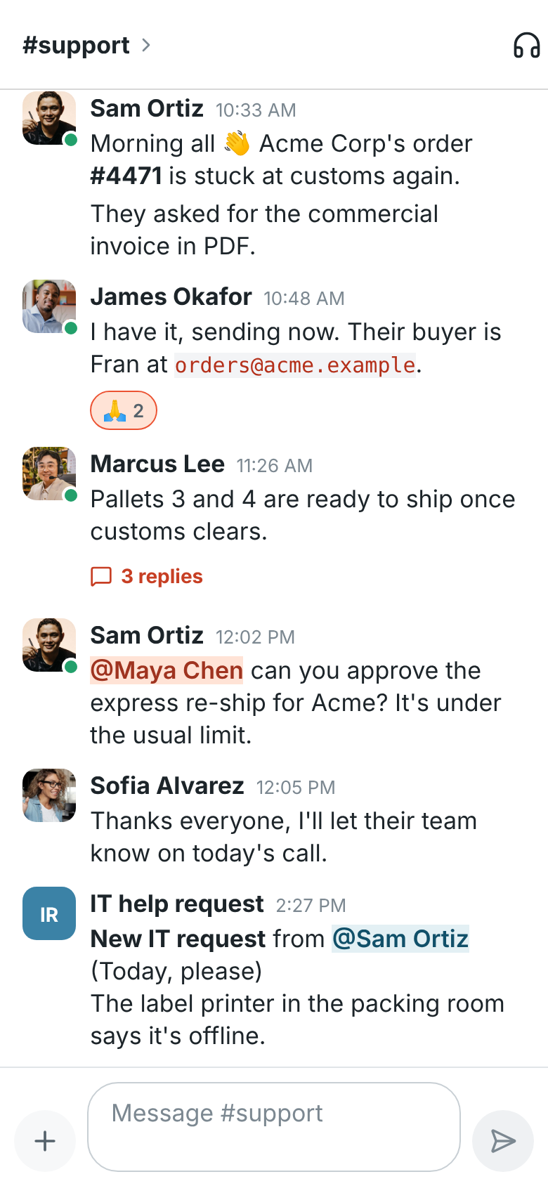 A conversation in #support with messages, a reaction, a thread with 3 replies and the composer