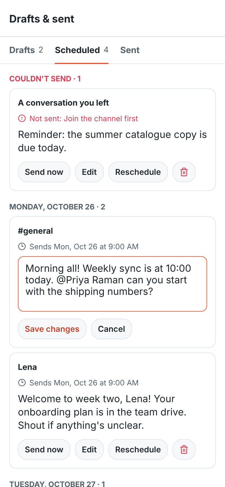 Editing a scheduled message on the phone: its words in a box, with Save changes and Cancel