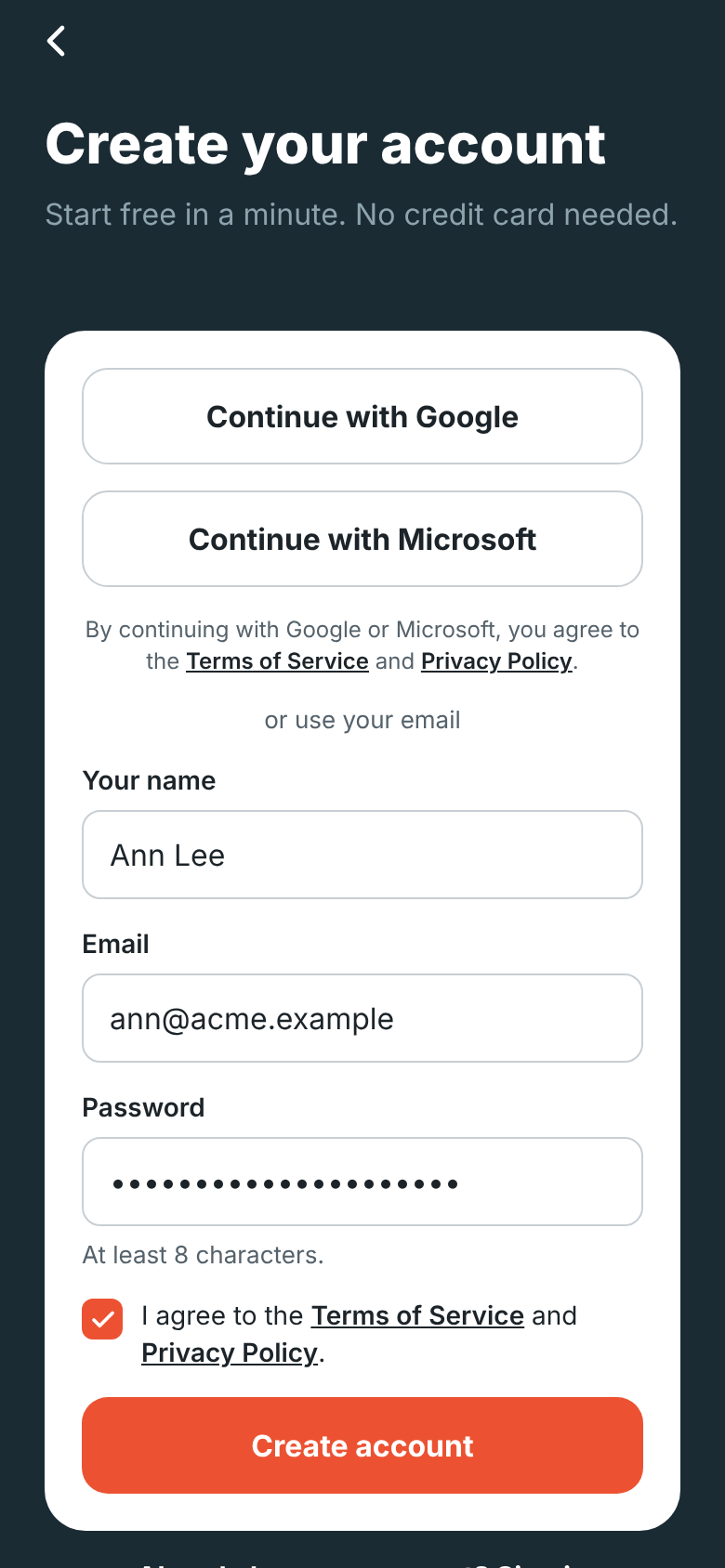 Create your account on the phone: Google, Microsoft, or your name, email and password, with the terms box