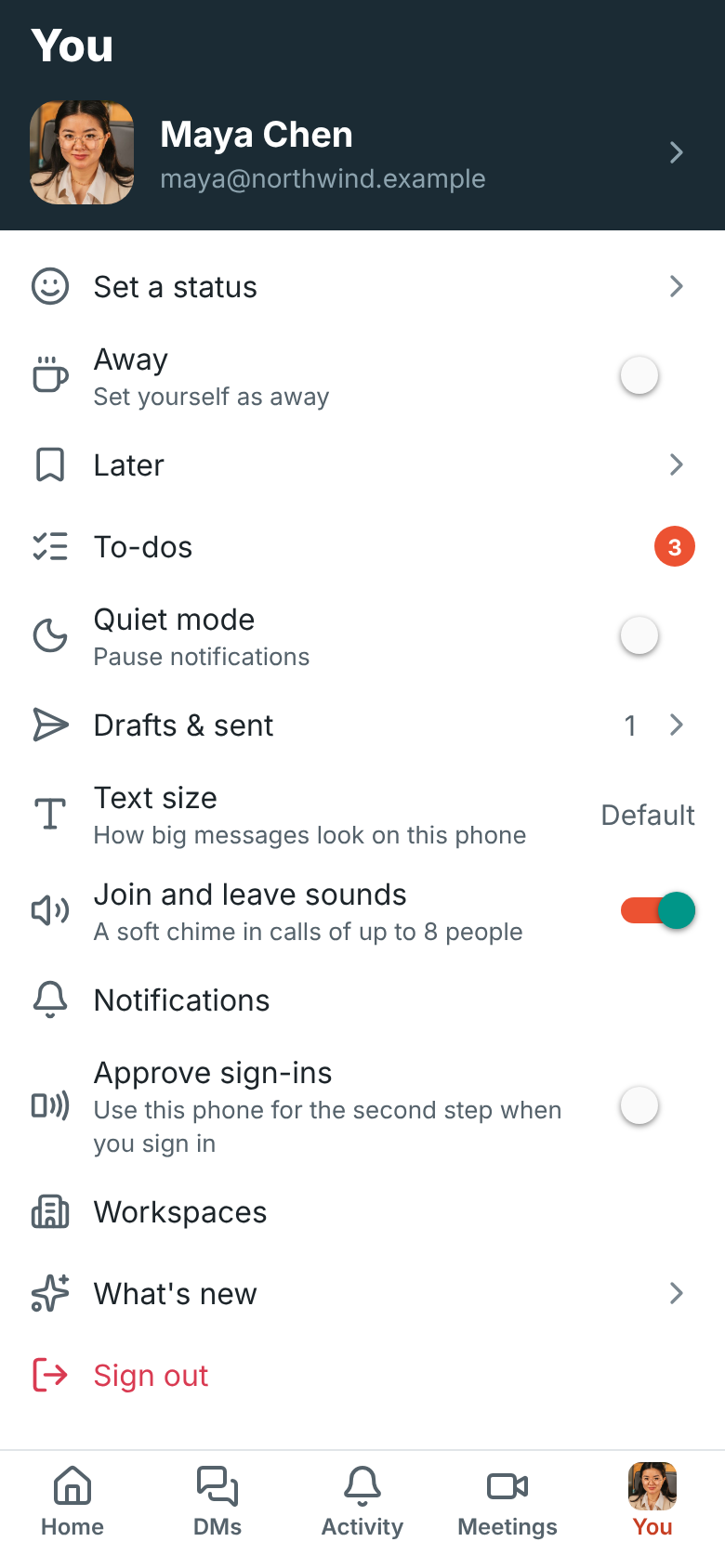 The You tab on your phone, with Quiet mode and Notifications
