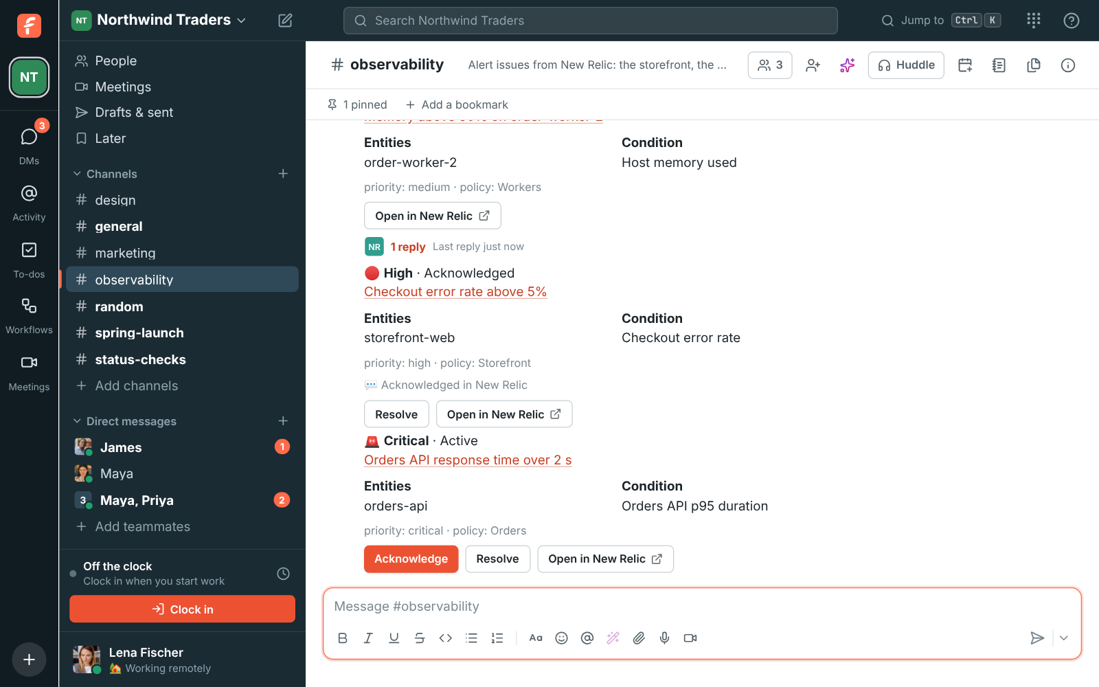 #observability with New Relic issues: an acknowledged checkout error rate issue, a slow orders API, and a memory alert that closed after 18 minutes