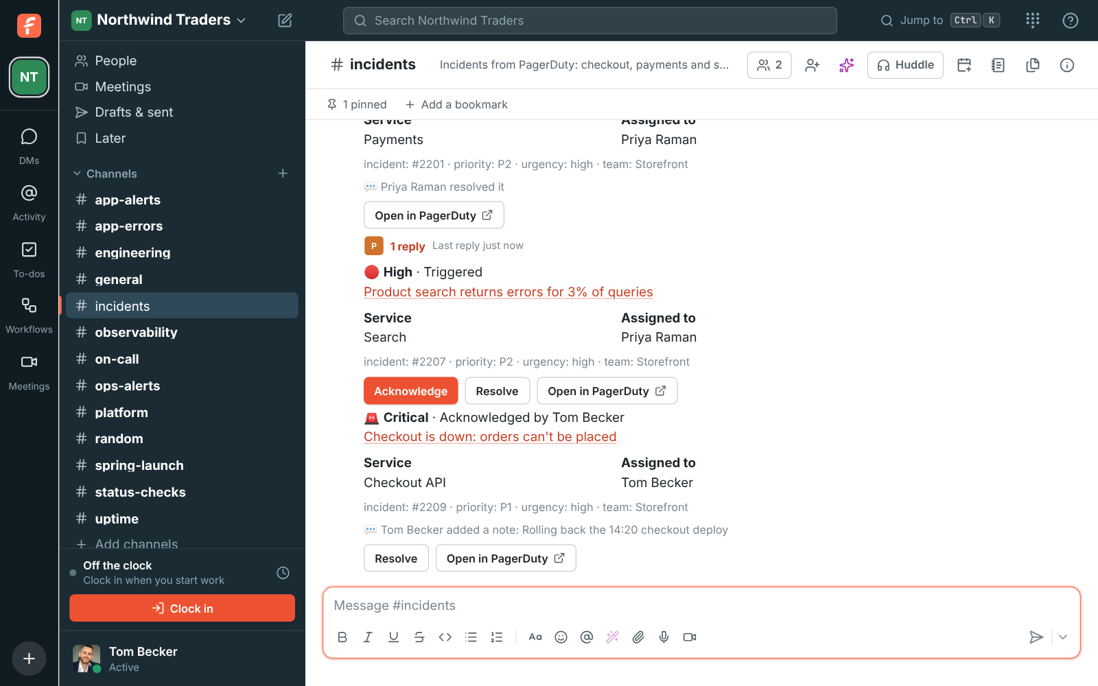 #incidents with PagerDuty incidents: a P1 checkout incident Tom acknowledged with a note, a triggered search incident, and a payments incident resolved after 14 minutes