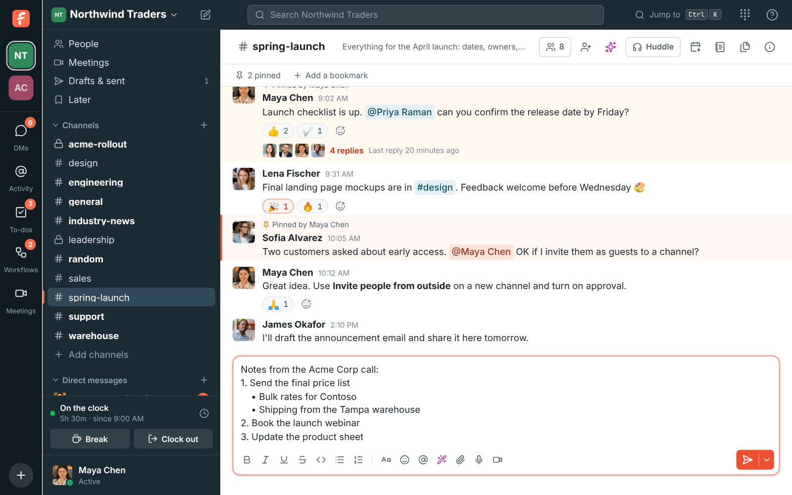 A list copied from a document pasted into the message box in #spring-launch: a numbered list with two bullets nested under the first step