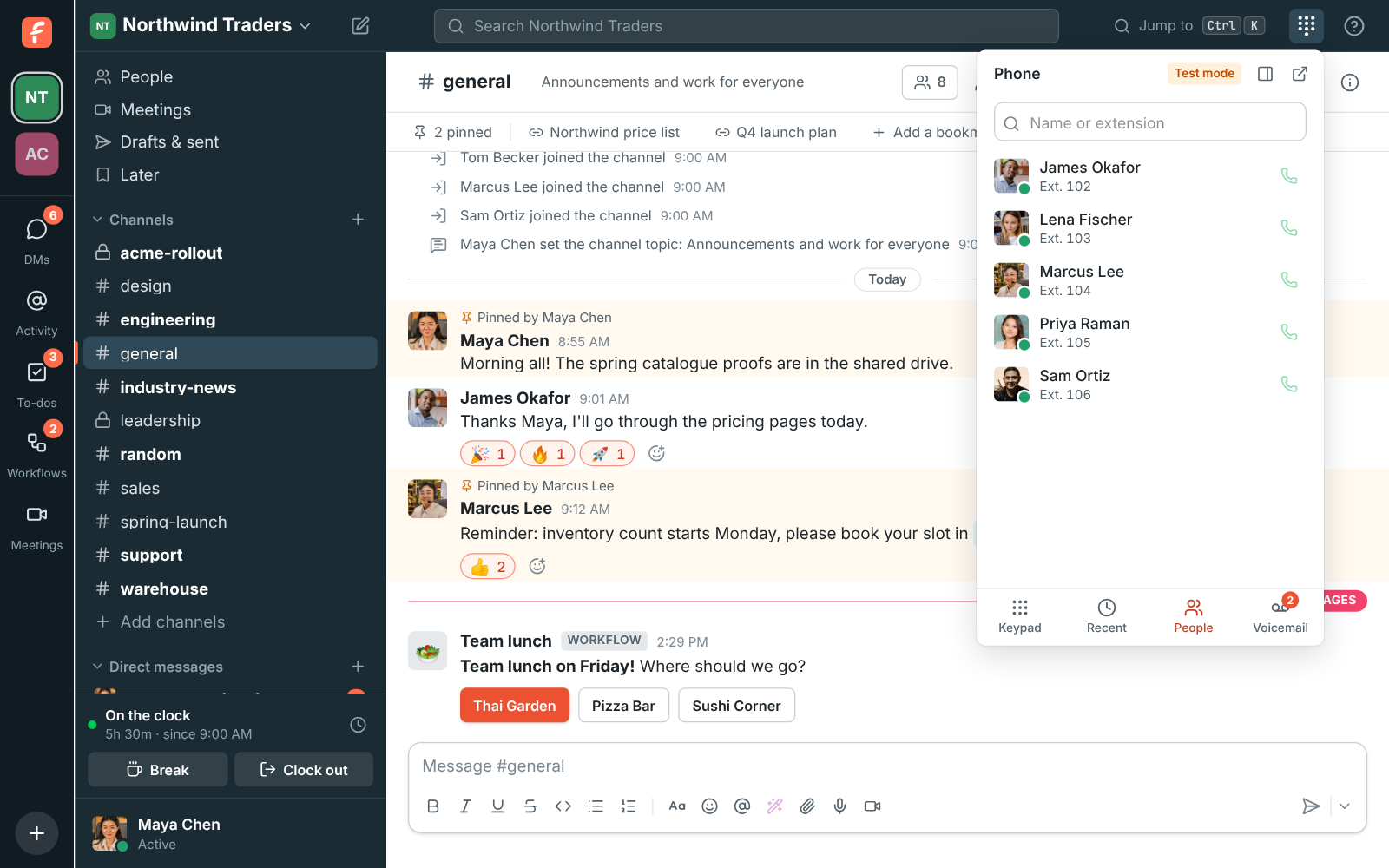 The phone’s People tab: colleagues with their extensions and a call button each
