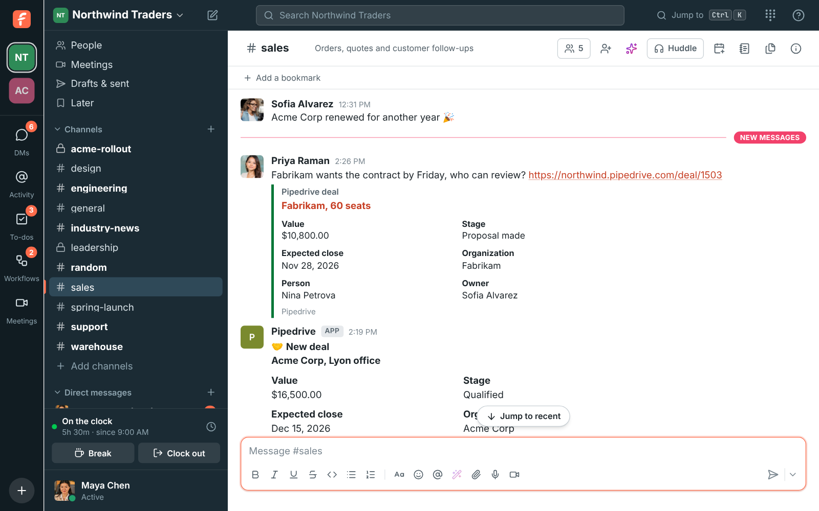 #sales with Pipedrive alerts for a deal won and a new deal, and a preview under a shared Pipedrive deal link