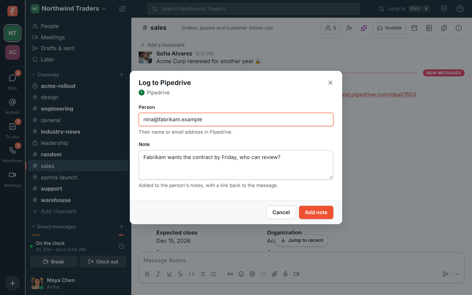 Log to Pipedrive: the person's email address and the note