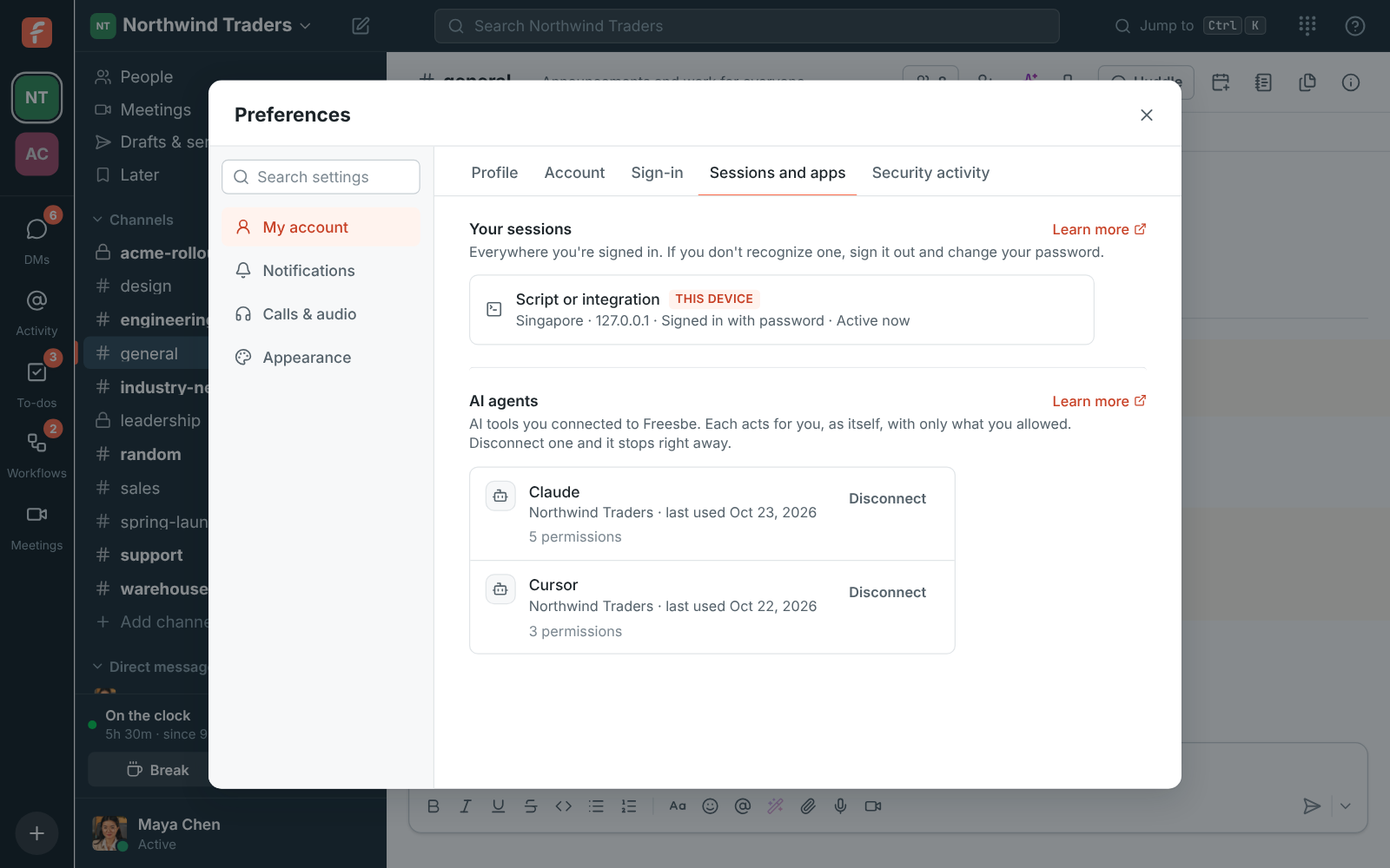 Preferences, My account, Sessions and apps: AI agents, with Claude and Cursor connected to Northwind Traders