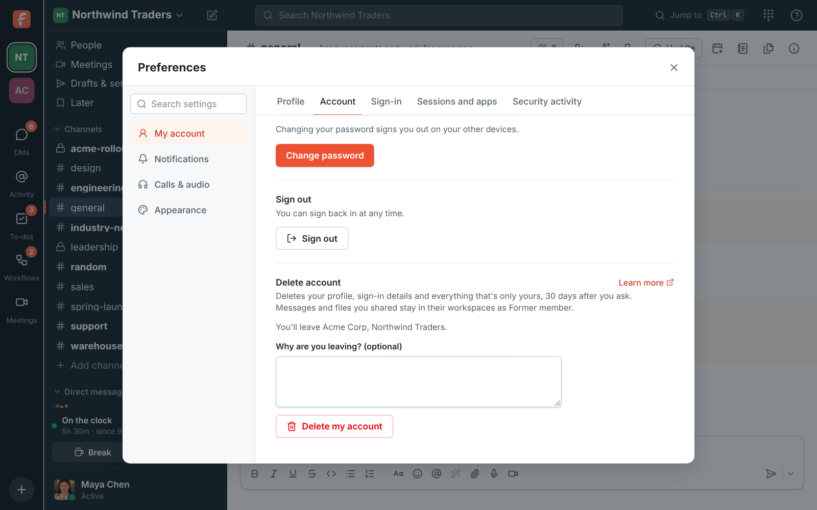 Preferences, Account: Delete account, listing the workspaces you’ll leave, an optional reason and the Delete my account button