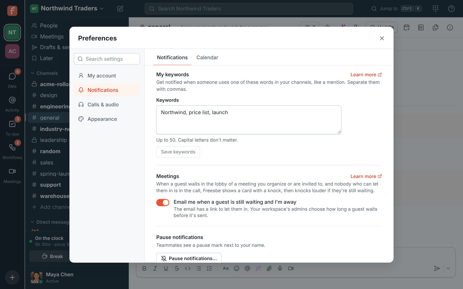 Preferences, Notifications: My keywords with Northwind, price list and launch
