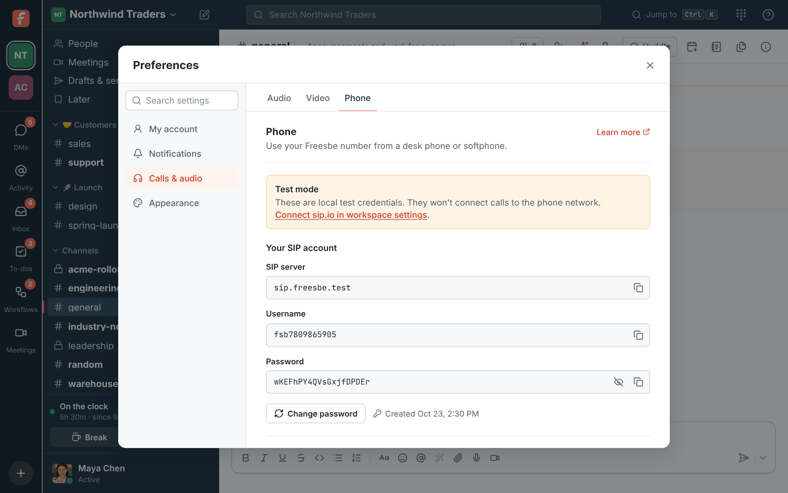 Preferences, Phone: the SIP server, username and password for your desk phone or softphone