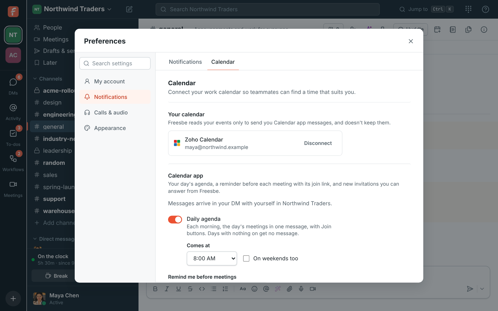 Preferences, Calendar: a connected Zoho Calendar with the Calendar app on