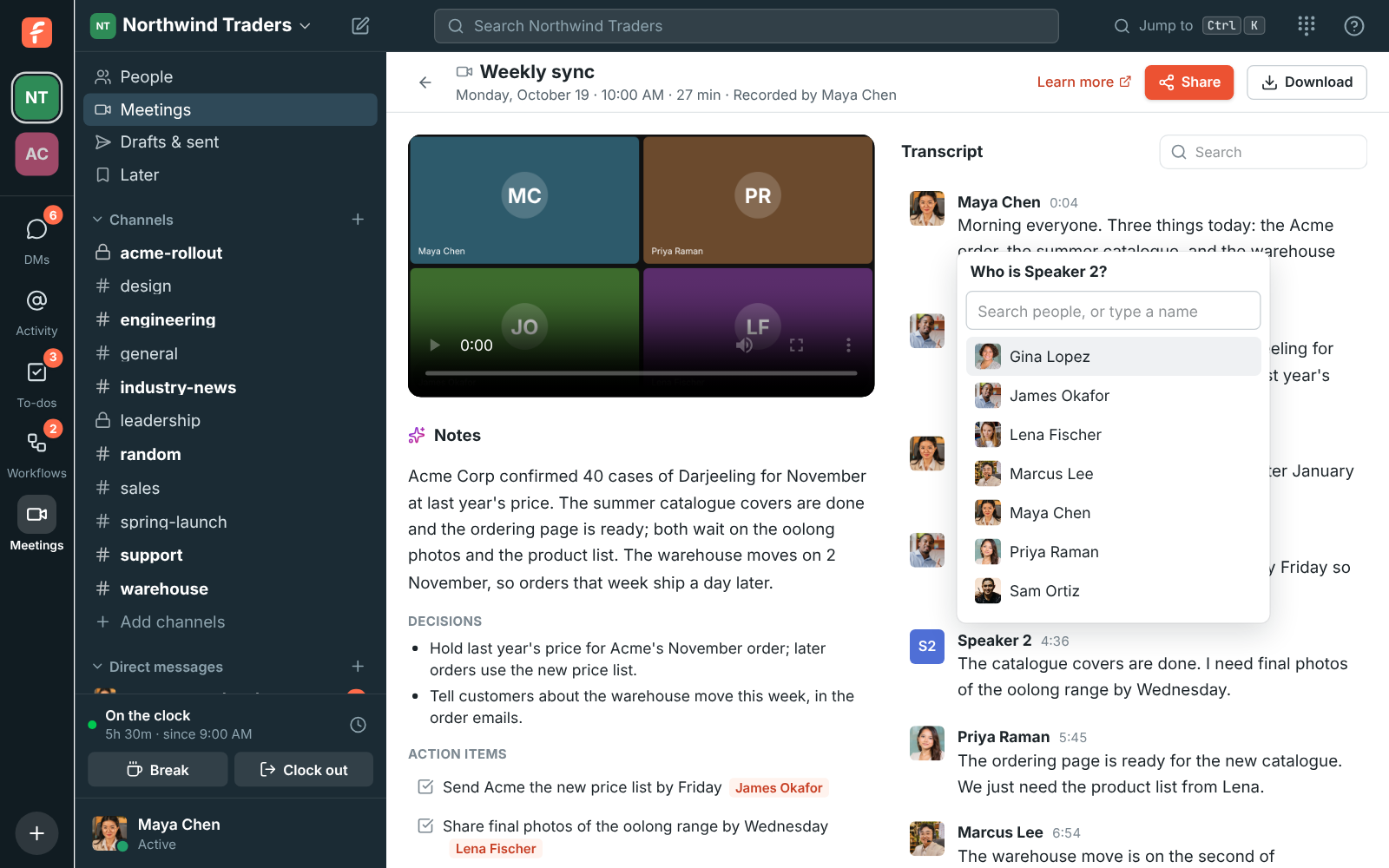 The Weekly sync recording with Who is Speaker 2? open over the transcript, listing people from the workspace