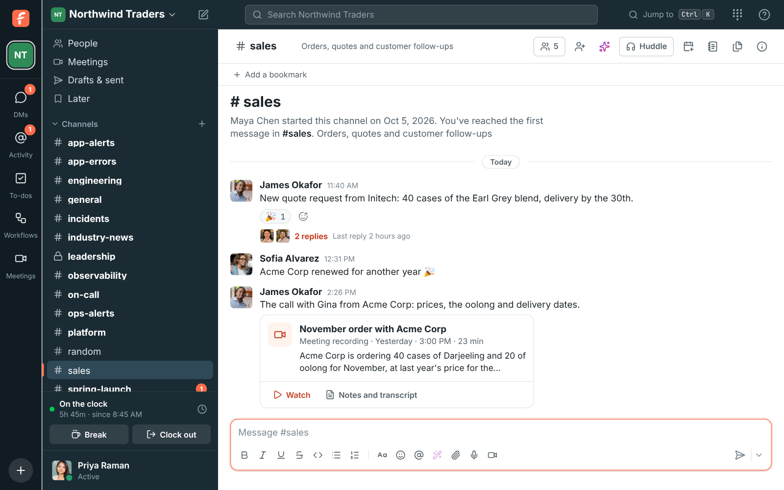 #sales, where James shared the call with Acme Corp: his message, and a card with the meeting’s title, date and length, the start of its summary, and Watch and Notes and transcript buttons