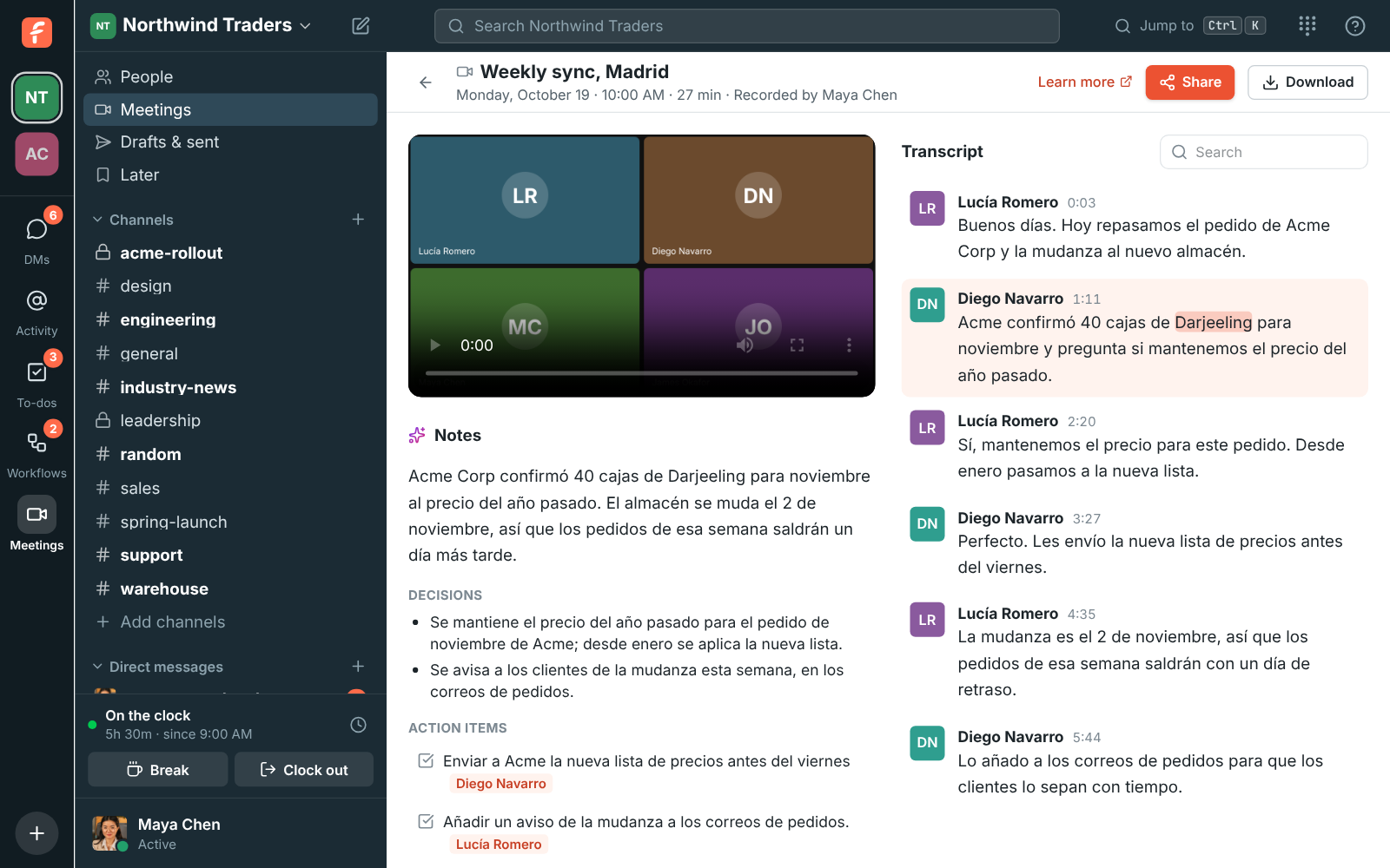 A weekly sync held in Spanish, with the notes and transcript in Spanish
