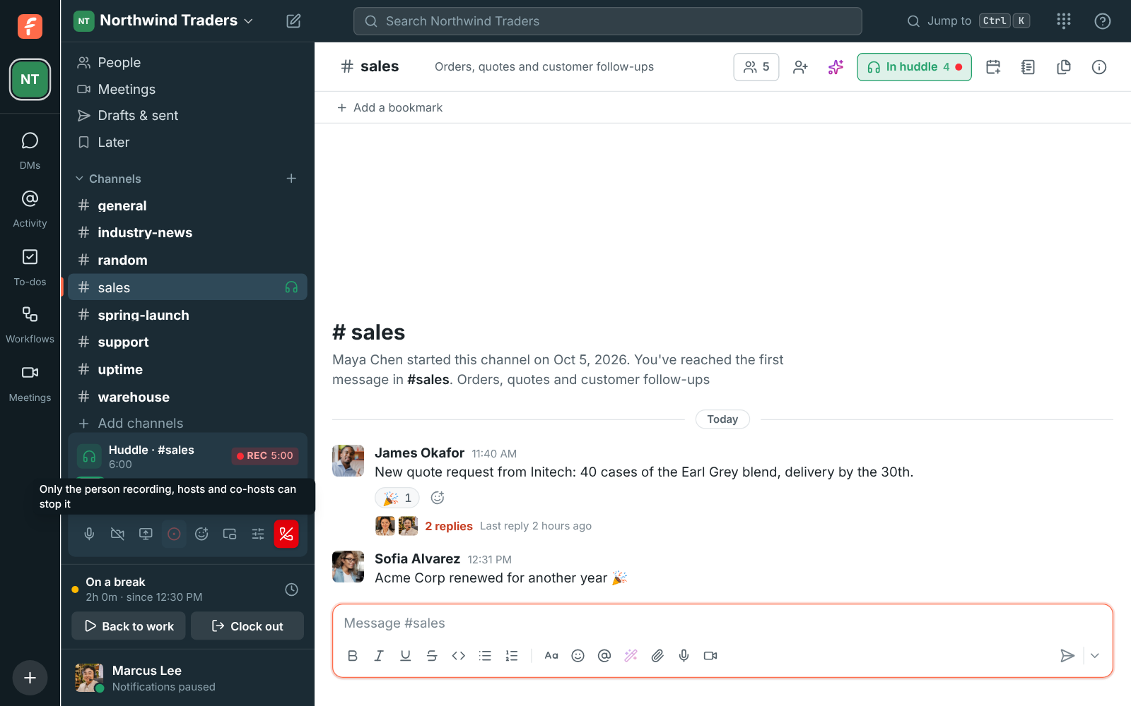 A huddle being recorded by Priya Raman: the stop button is greyed out, and its tooltip says only the person recording, hosts and co-hosts can stop it