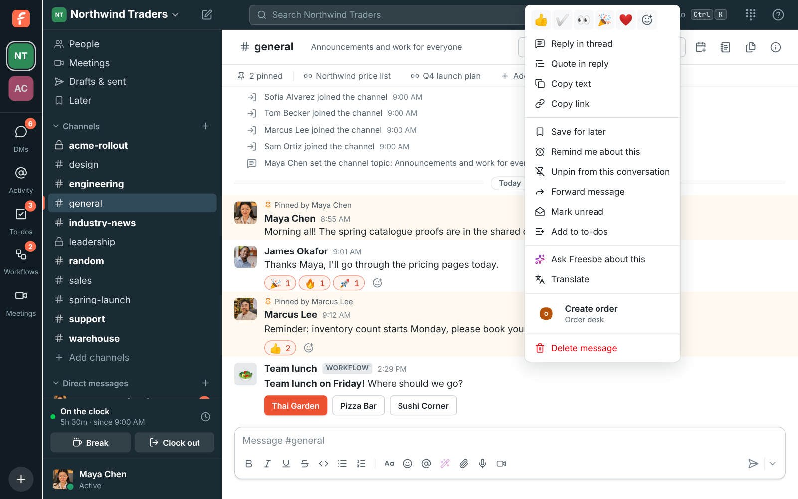 Right-click on Marcus’s message in #general, with quick reactions, Reply in thread, Quote in reply and Copy text