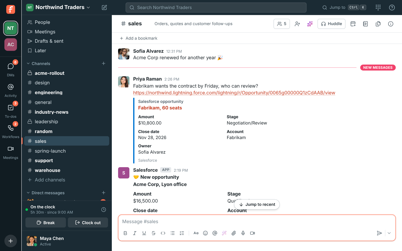 #sales with Salesforce alerts for an opportunity won and a new opportunity, and a preview under a shared Salesforce opportunity link