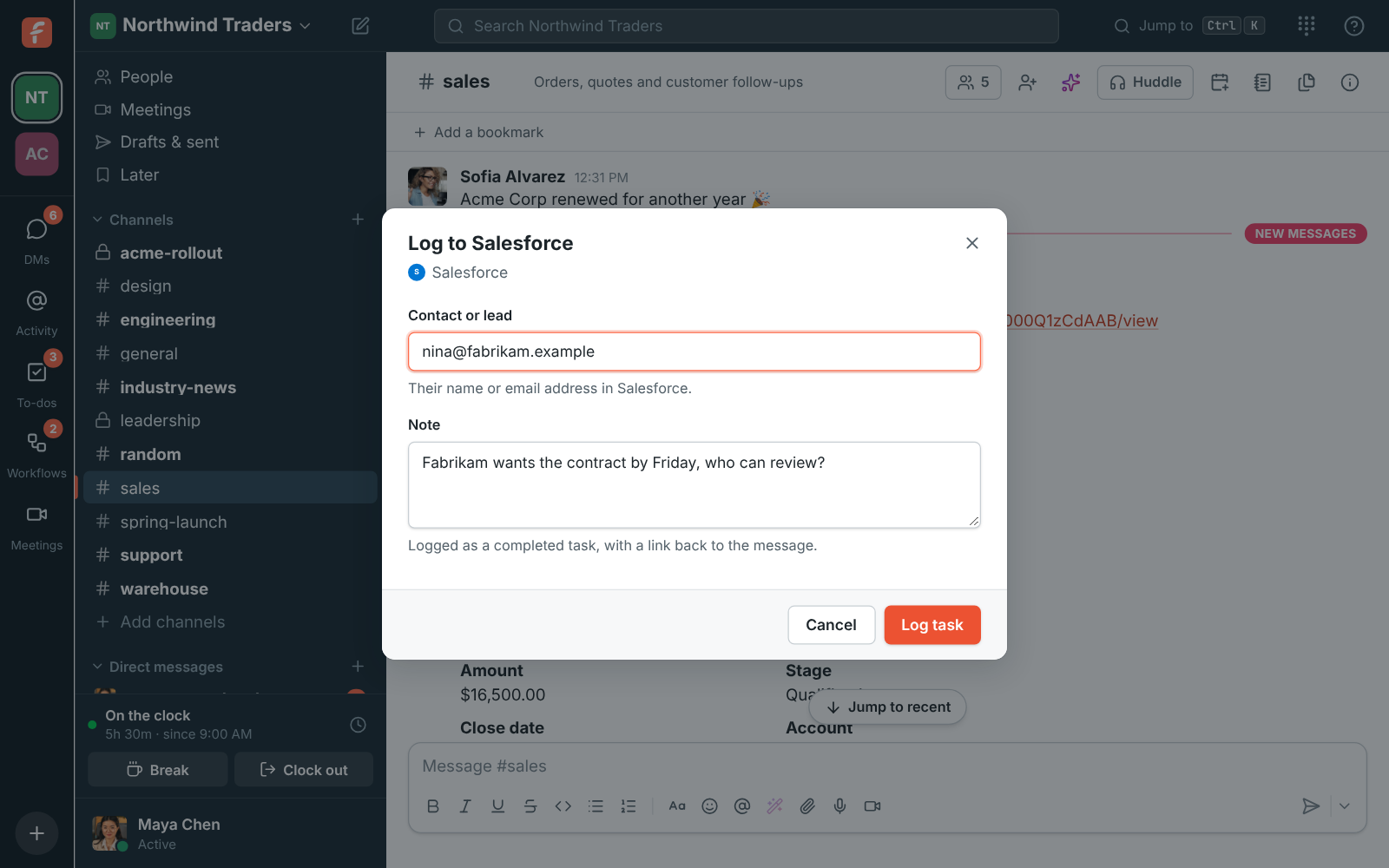 Log to Salesforce: the contact's email address and the note