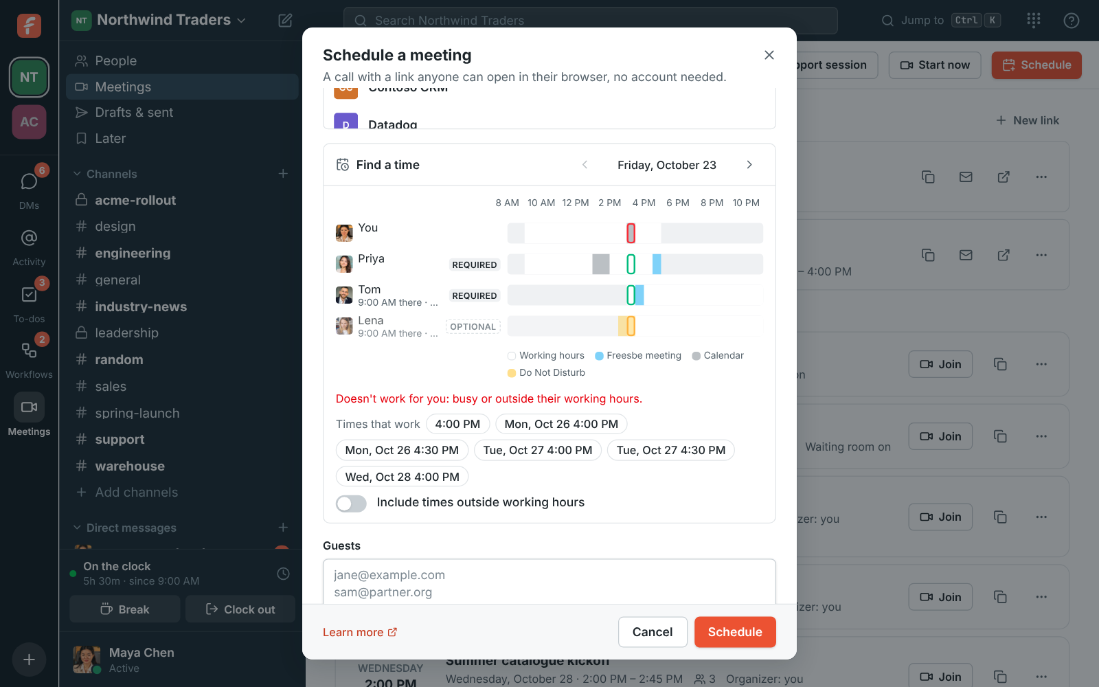 Availability in the Schedule a meeting dialog: busy times for each person