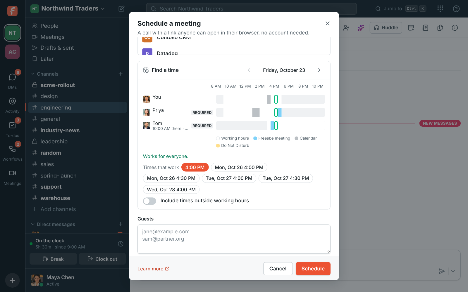 Schedule a meeting started from the #engineering channel, with Priya and Tom invited and a suggested time picked