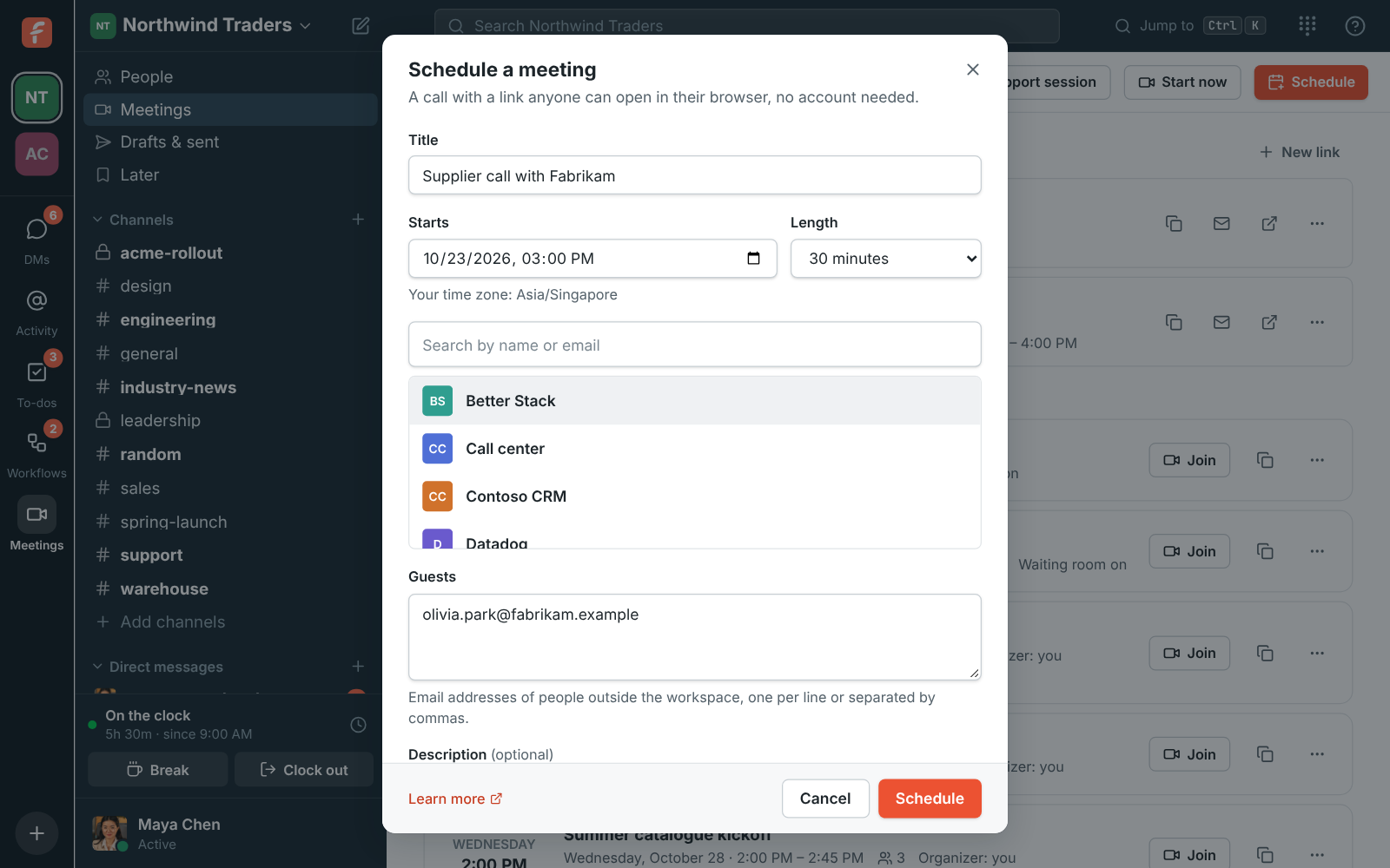 The Schedule a meeting dialog with title, start time, length, guest emails and the Waiting room for guests switch