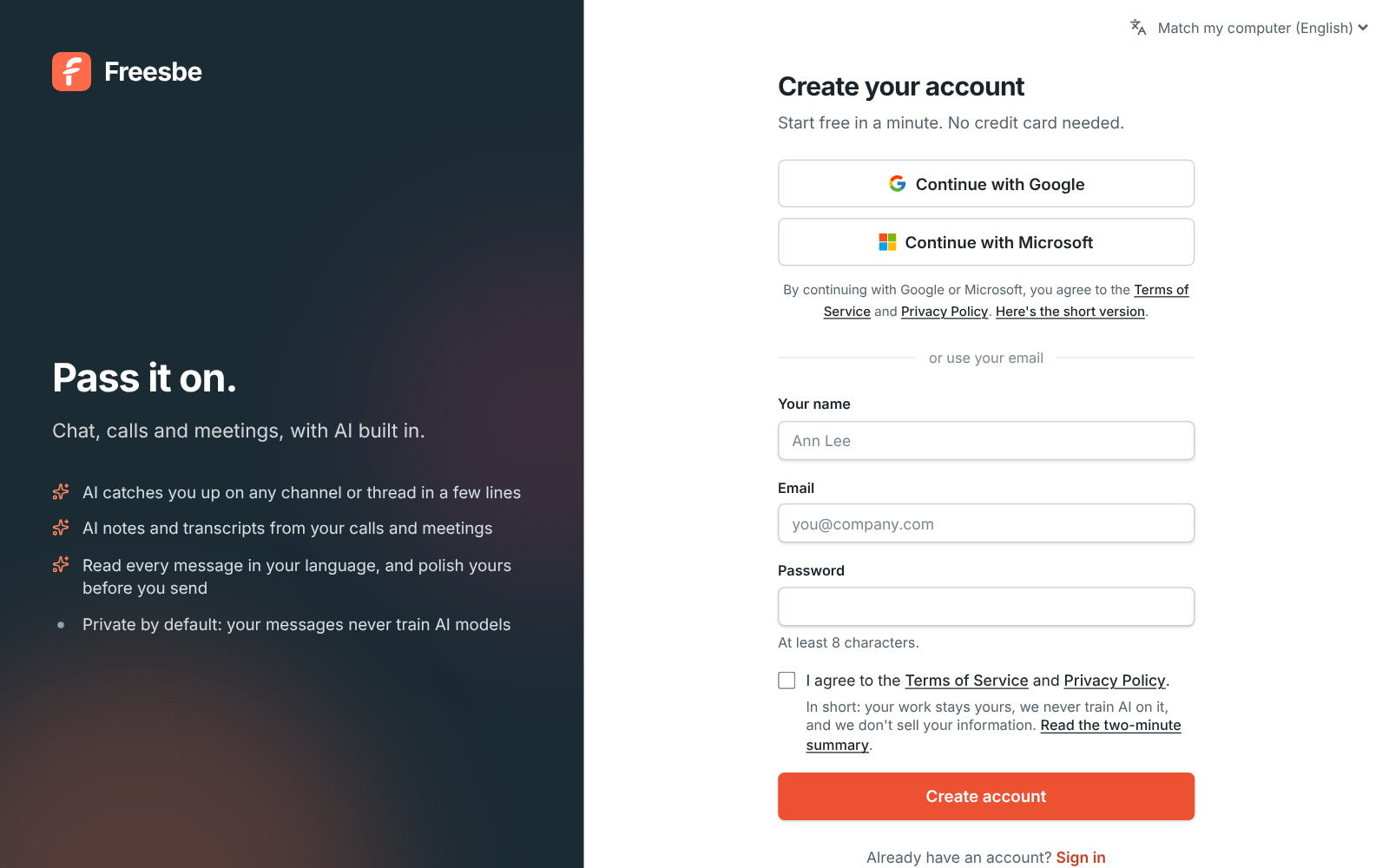 The sign-up page: continue with Google, Microsoft, or your name, email and a password