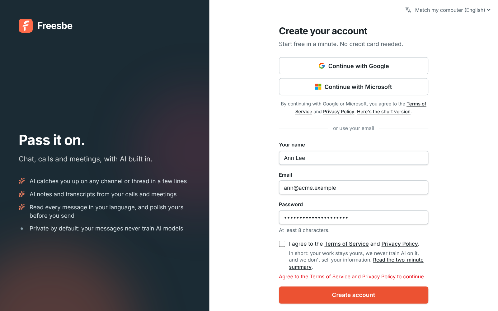 Create your account with the terms box left empty: Agree to the Terms of Service and Privacy Policy to continue