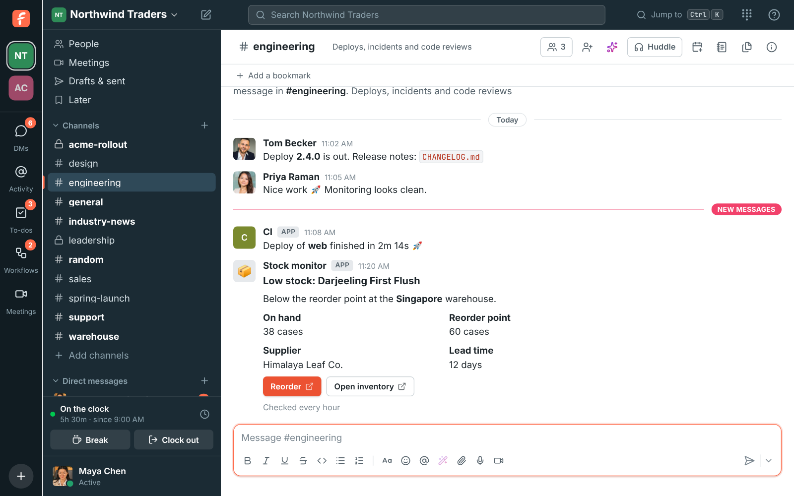 A low stock card from a webhook in #engineering, with Reorder and Open inventory buttons