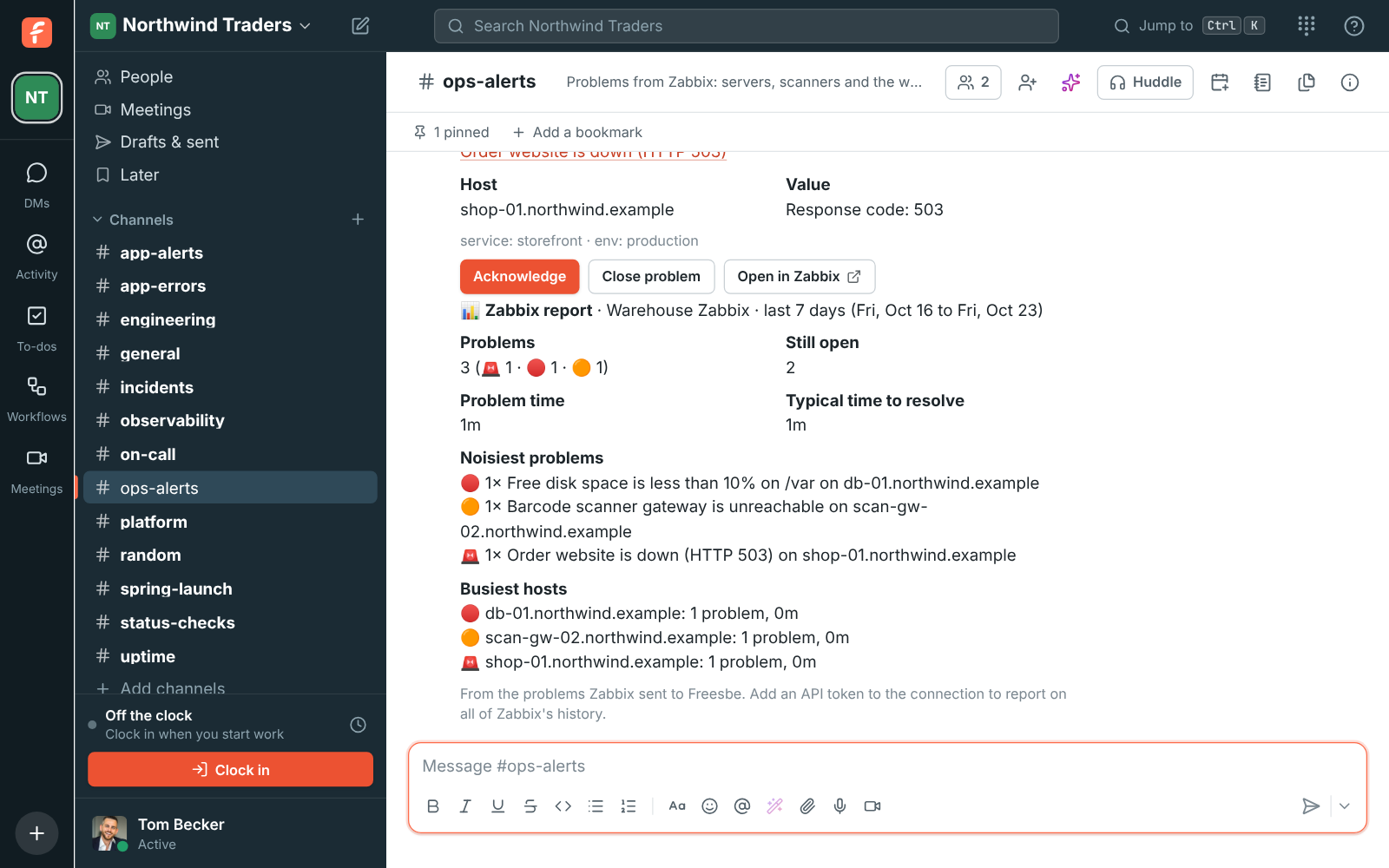#ops-alerts with Zabbix problems: the order website down, a full disk Tom acknowledged, and a barcode scanner gateway that recovered after 8 minutes