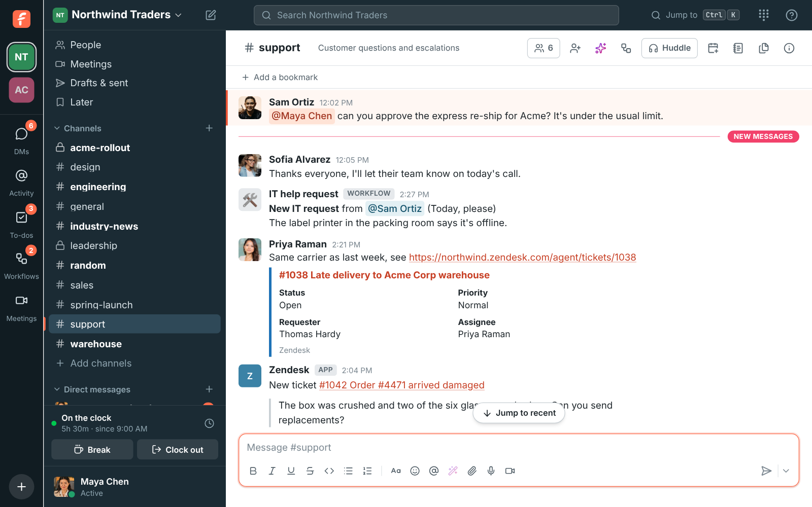 Zendesk ticket cards in #support, with Assign to me and Solve