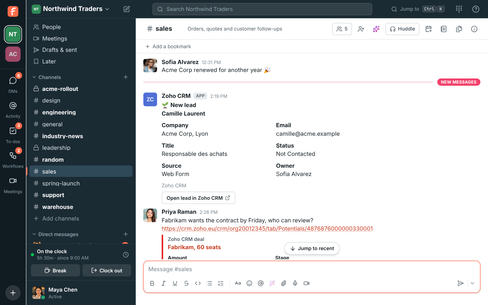 Zoho CRM alerts for a deal won and a new lead in #sales, and a preview under a shared Zoho CRM deal link