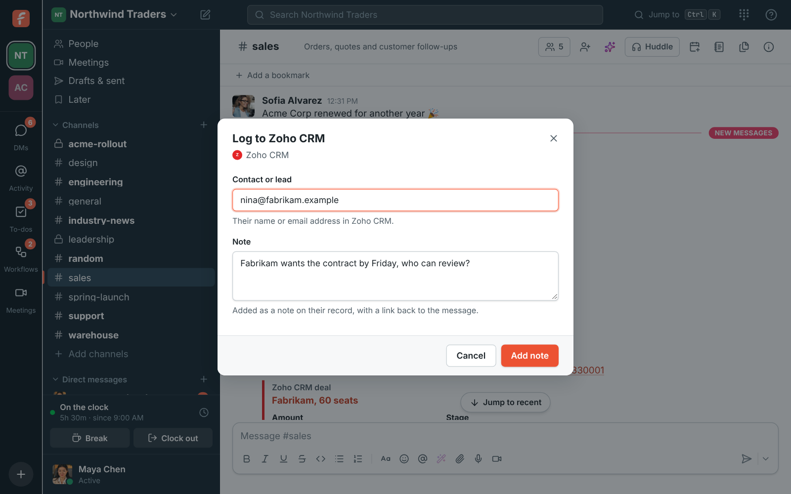 Log to Zoho CRM: the contact's email address and the note