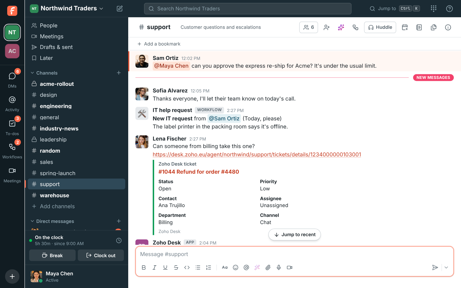 #support with Zoho Desk alerts for a new ticket and a customer’s reply, and a ticket link with a preview