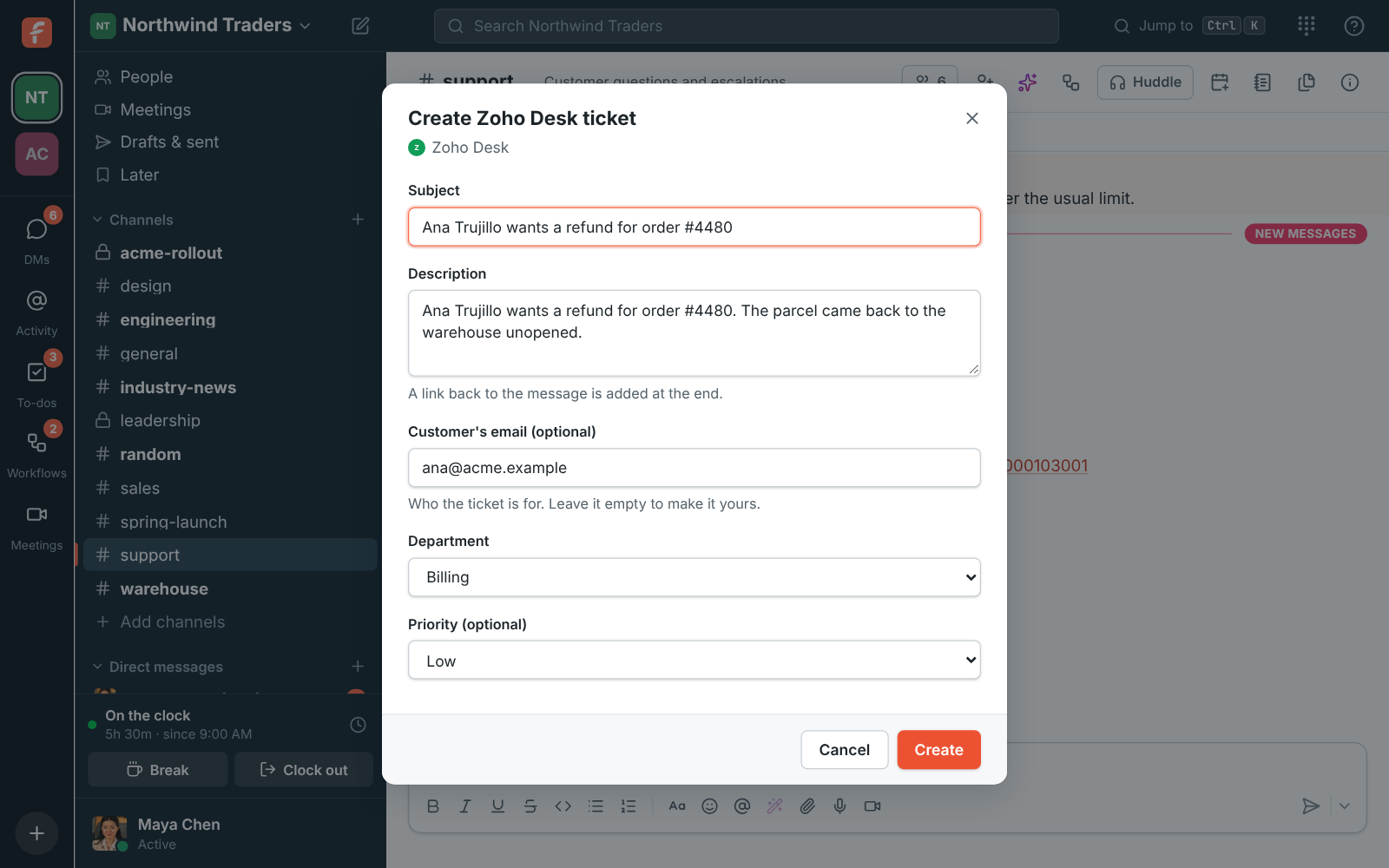 Create Zoho Desk ticket: the subject, description, customer's email, department and priority