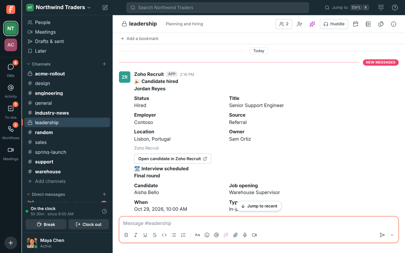 #leadership with Zoho Recruit alerts for a hire and a scheduled interview, and a preview under a shared candidate link