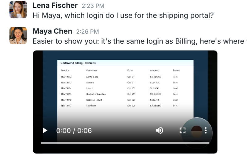 A screen recording and an audio clip in a direct message