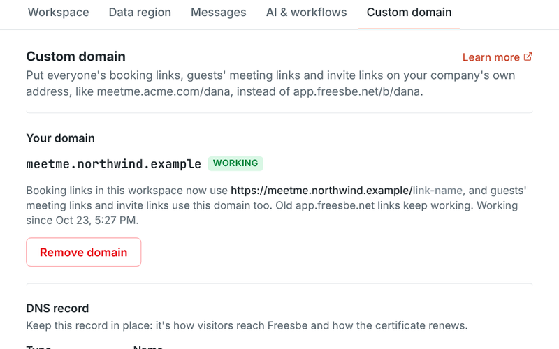 Workspace settings, Custom domain: meetme.northwind.example working