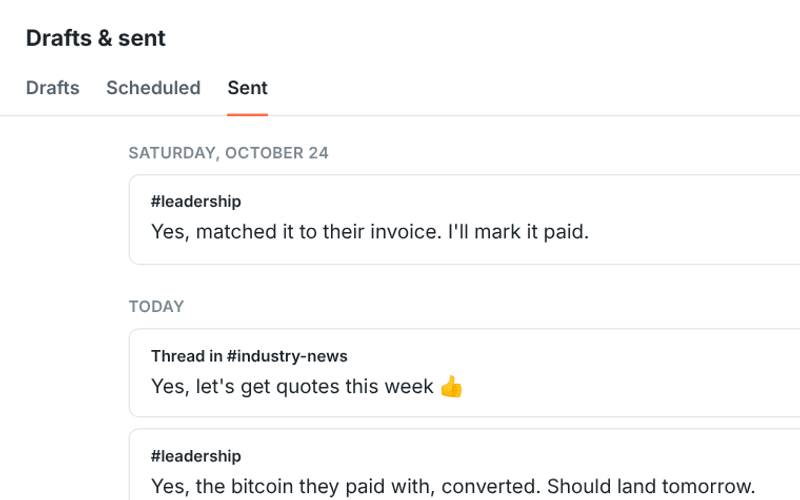 The Sent tab listing recent messages from channels, DMs and threads