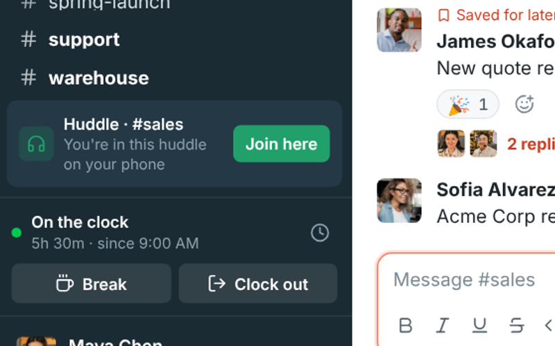 A huddle running on a phone, with Join here in the sidebar