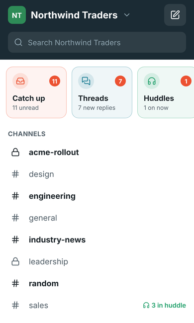 The phone app's home screen with channels and direct messages