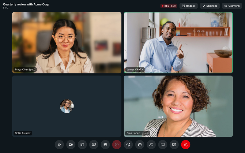 A meeting with Acme Corp being recorded, four people on camera