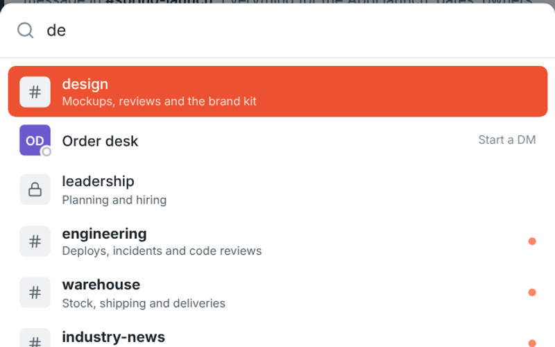 The quick switcher filtering channels as you type