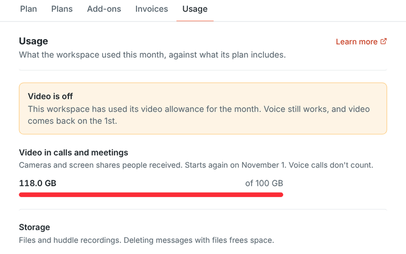 Workspace settings, Usage: video and storage used this month