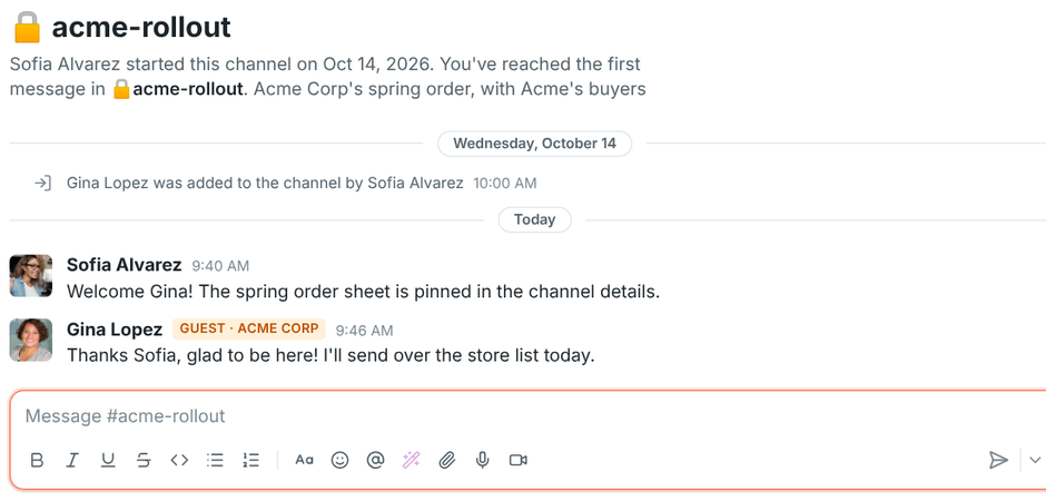 A shared channel with a message from someone marked Guest