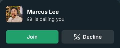 An incoming call card with Join and Decline buttons