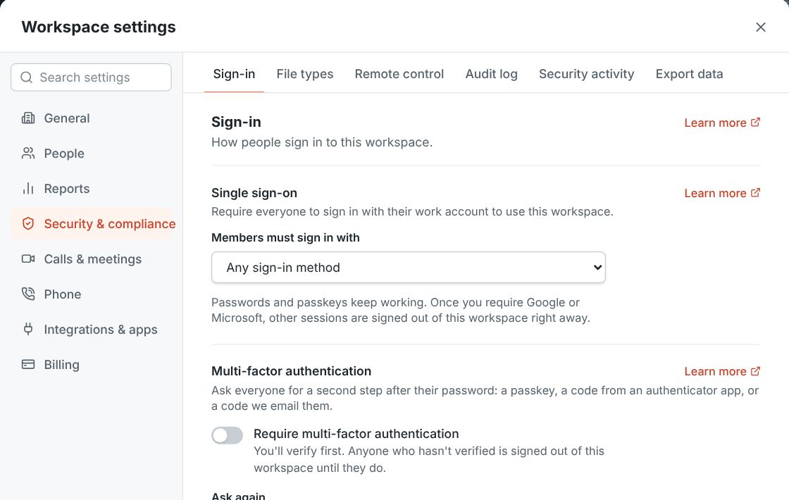Workspace settings, Security tab, with single sign-on and two-step verification