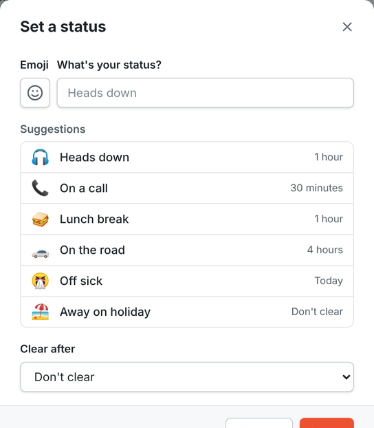 The Set a status dialog with suggestions and a clear-after time